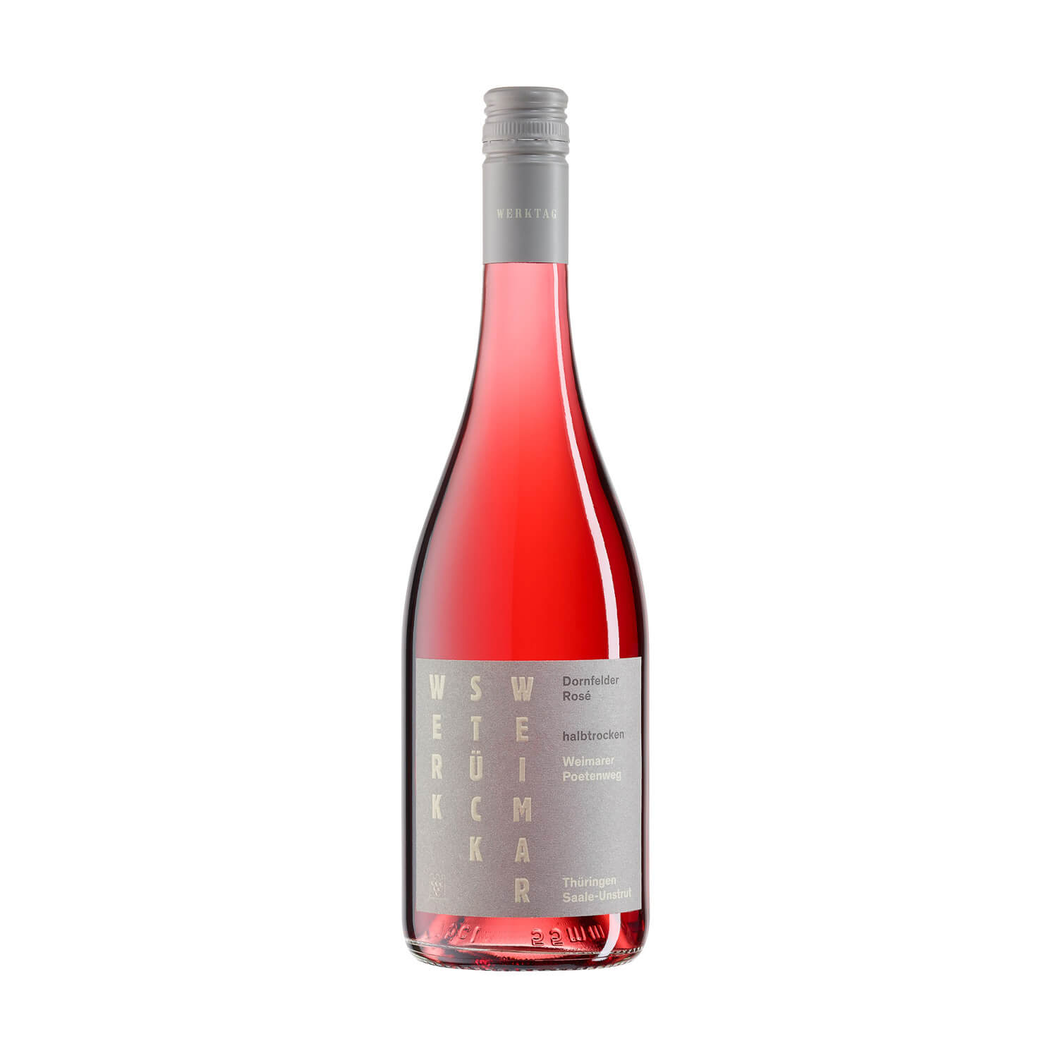 Dornfelder Rosé halbtrocken 2023 Werkstück Weimar Werktag 0,75l    Eine 0,75 Liter Flasche Dornfelder Rosé Werkstück Weimar halbtrocken ausgebaut