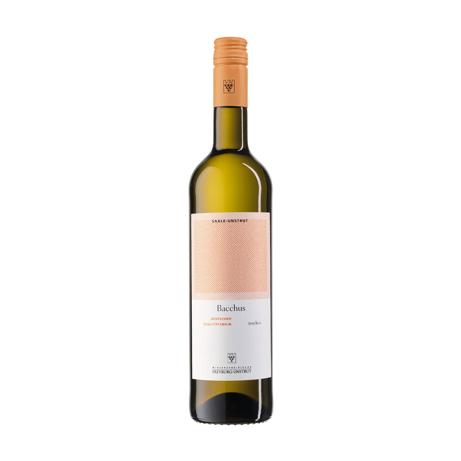 Eine 0,75 Liter Flasche Weißwein Bacchus trocken ausgebaut