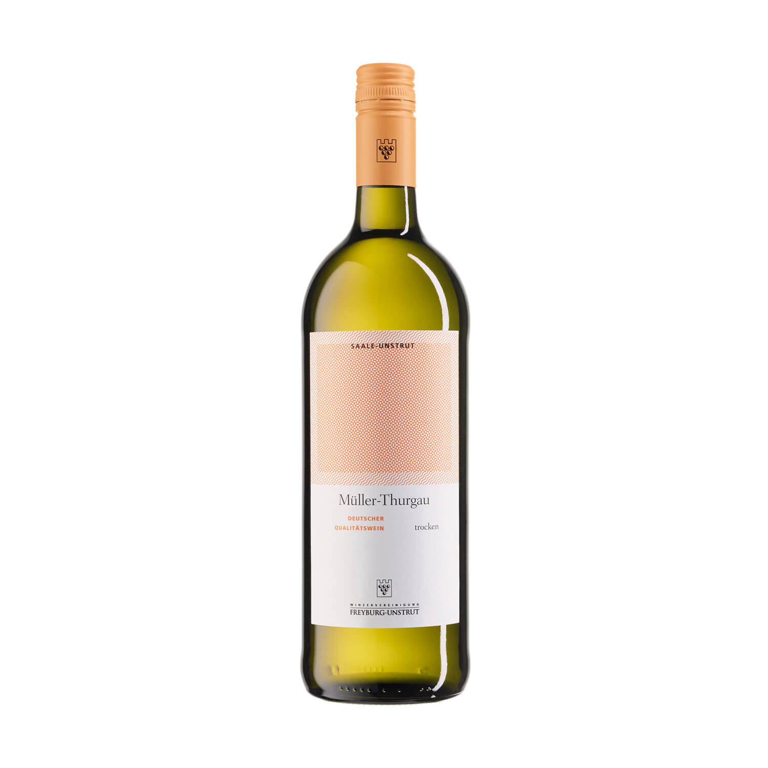 Eine ein Liter Flasche Weißwein Müller Thurgau trocken ausgebaut
