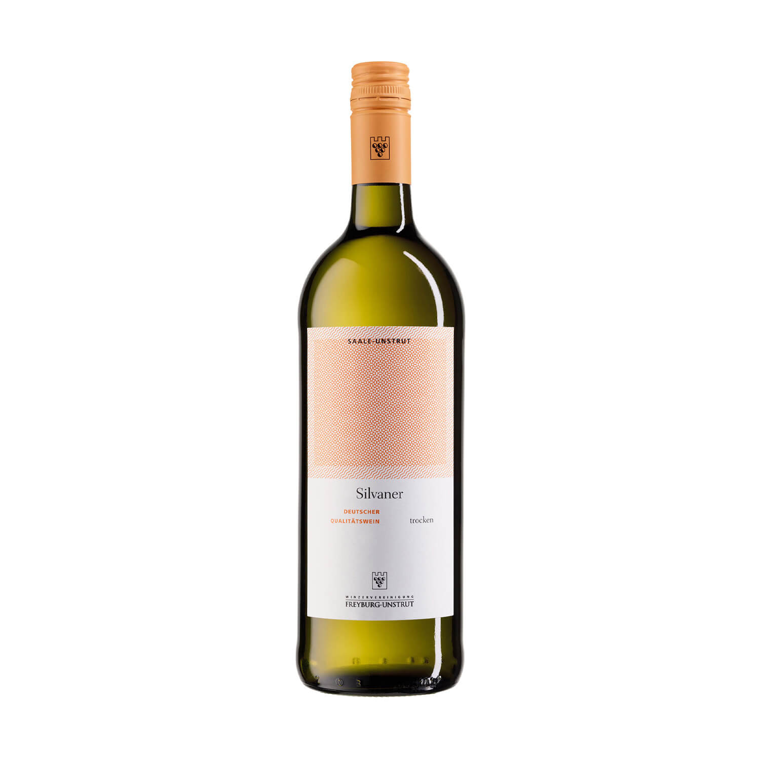 Eine ein Liter Flasche Weißwein Silvaner trocken ausgebaut