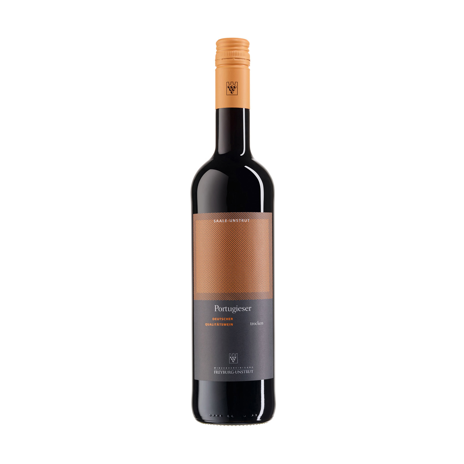 Eine 0,75 Liter Flasche Rotwein Portugieser trocken ausgebaut