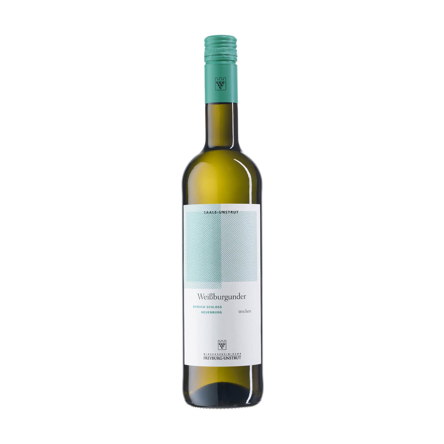 Eine 0,75 Liter Flasche Weißwein Weißburgunder trocken ausgebaut