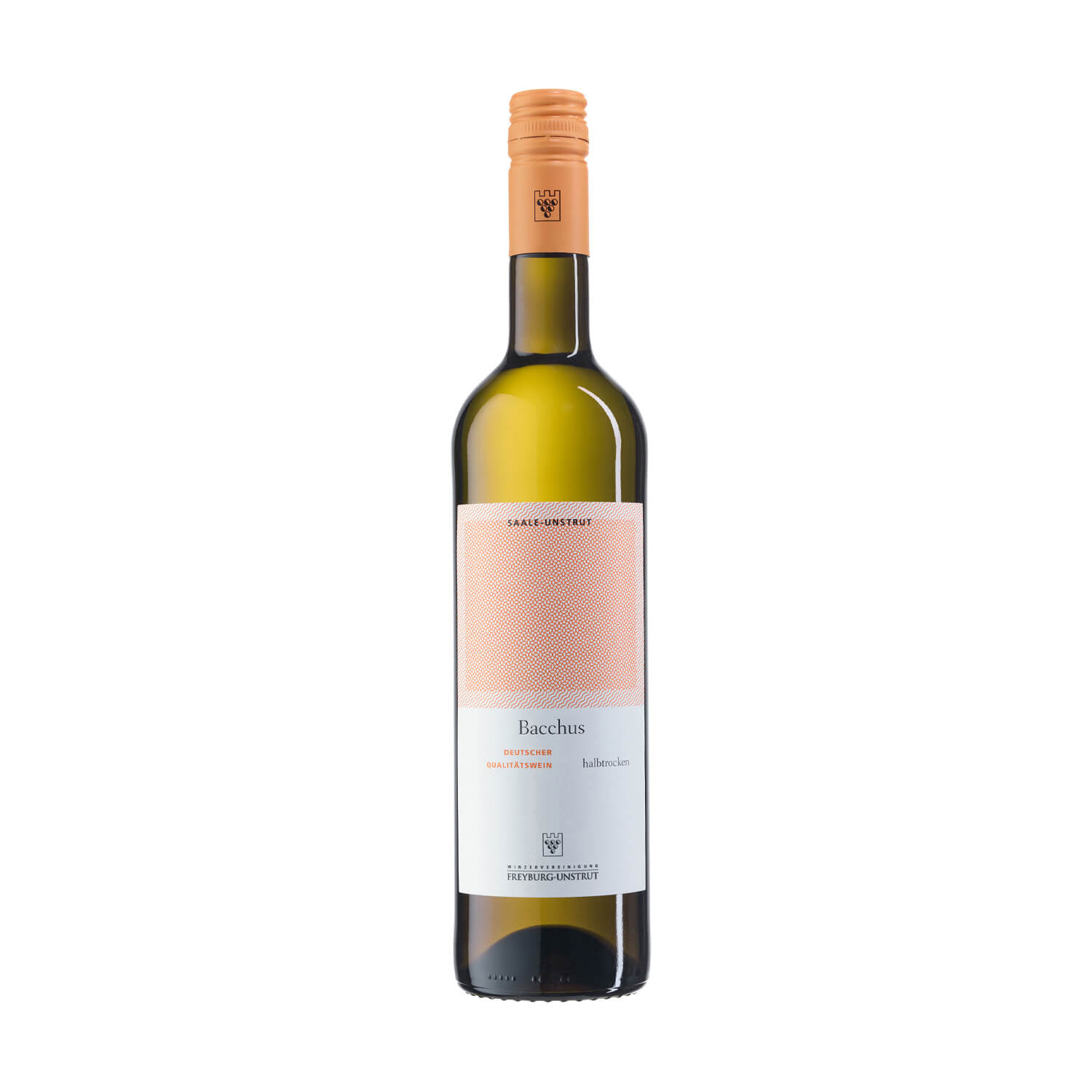 Eine 0,75 Liter Flasche Weißwein Bacchus halbtrocken ausgebaut