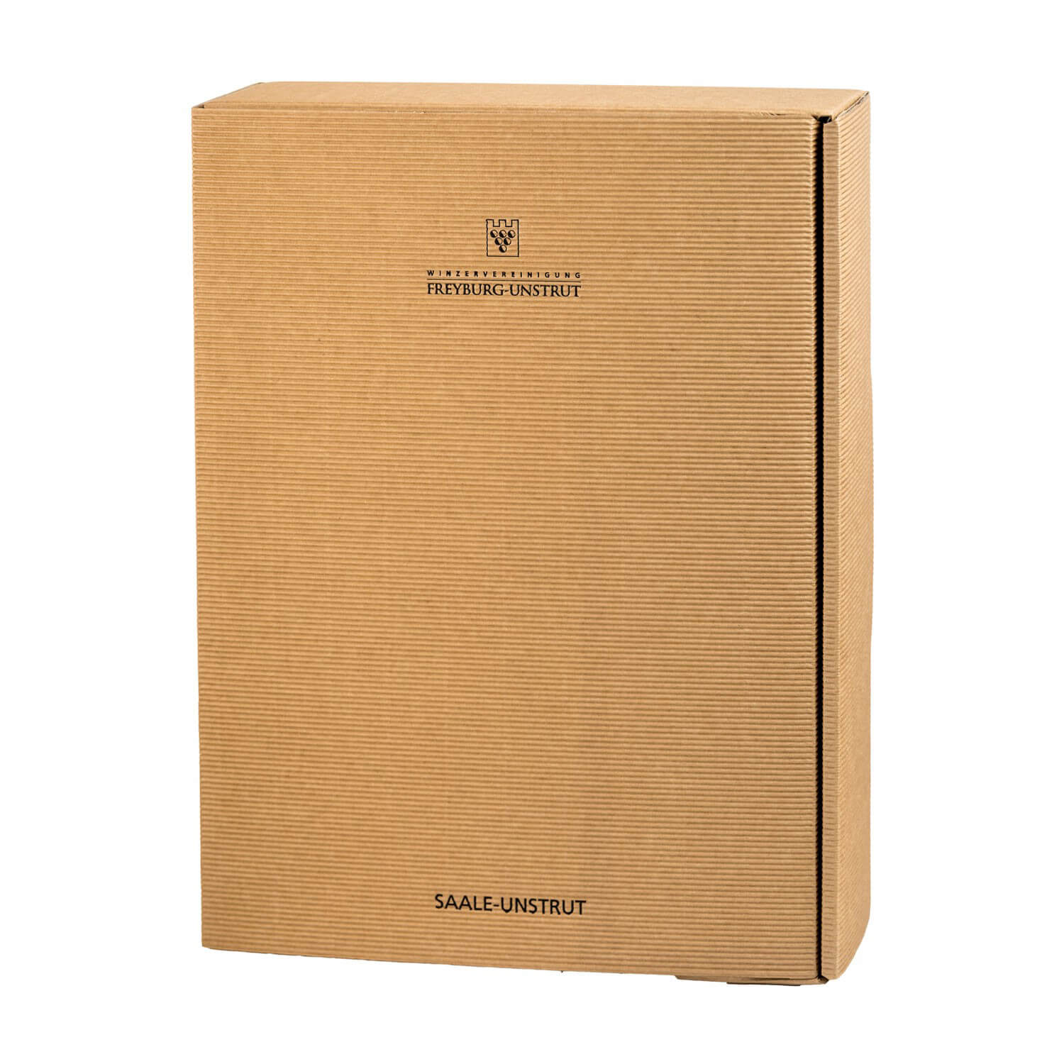 3er Präsentkarton Welle natur Winzervereinigung Präsentkarton für 3 Weinflaschen in beige mit Winzervereinigungslogo.