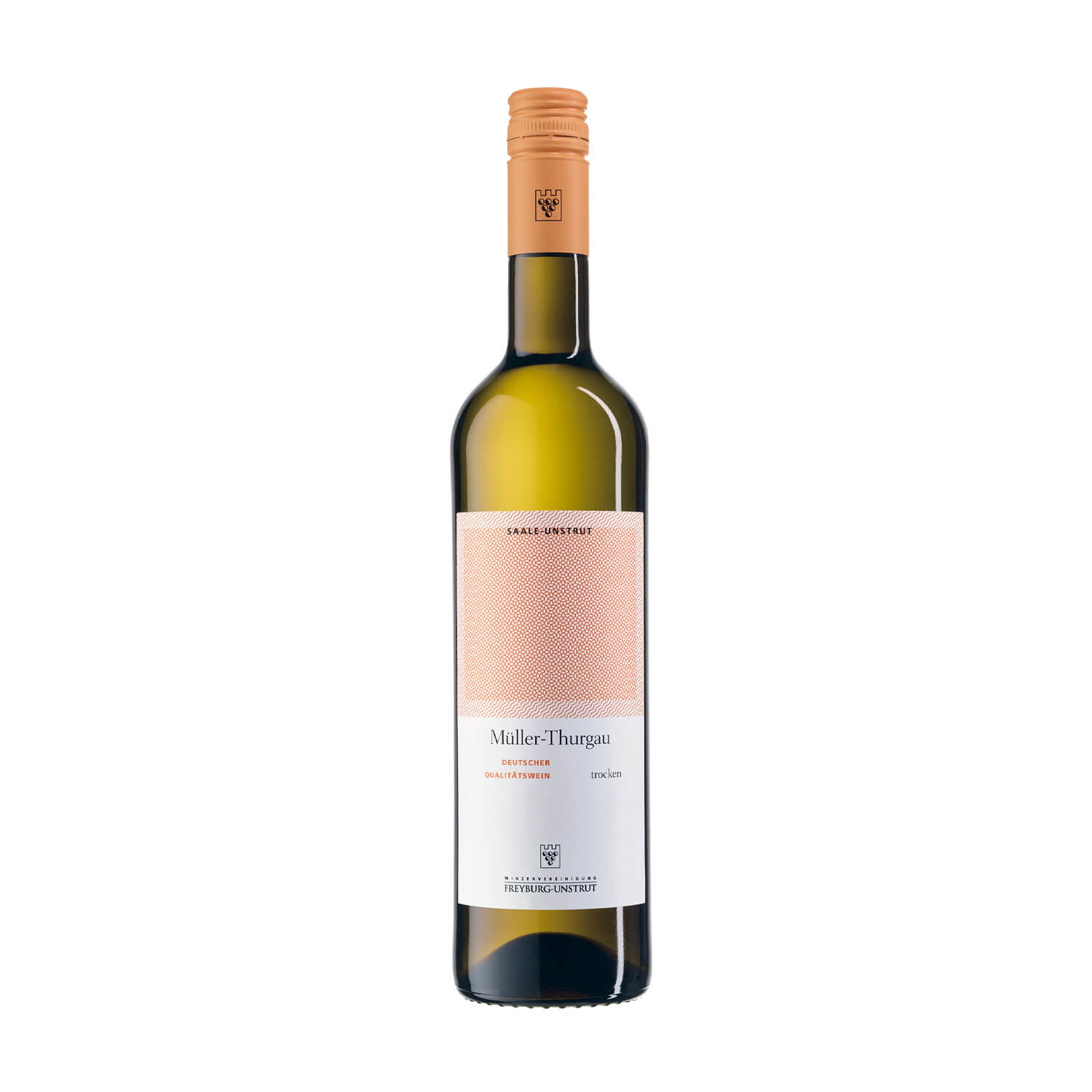 Eine 0,75 Liter Flasche Weißwein Müller Thurgau trocken ausgebaut