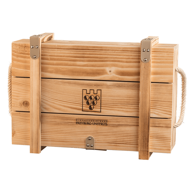 3er Holzkiste für 0,75 l   Holzkiste mit Winzervereinigungslogo für drei Flaschen Wein